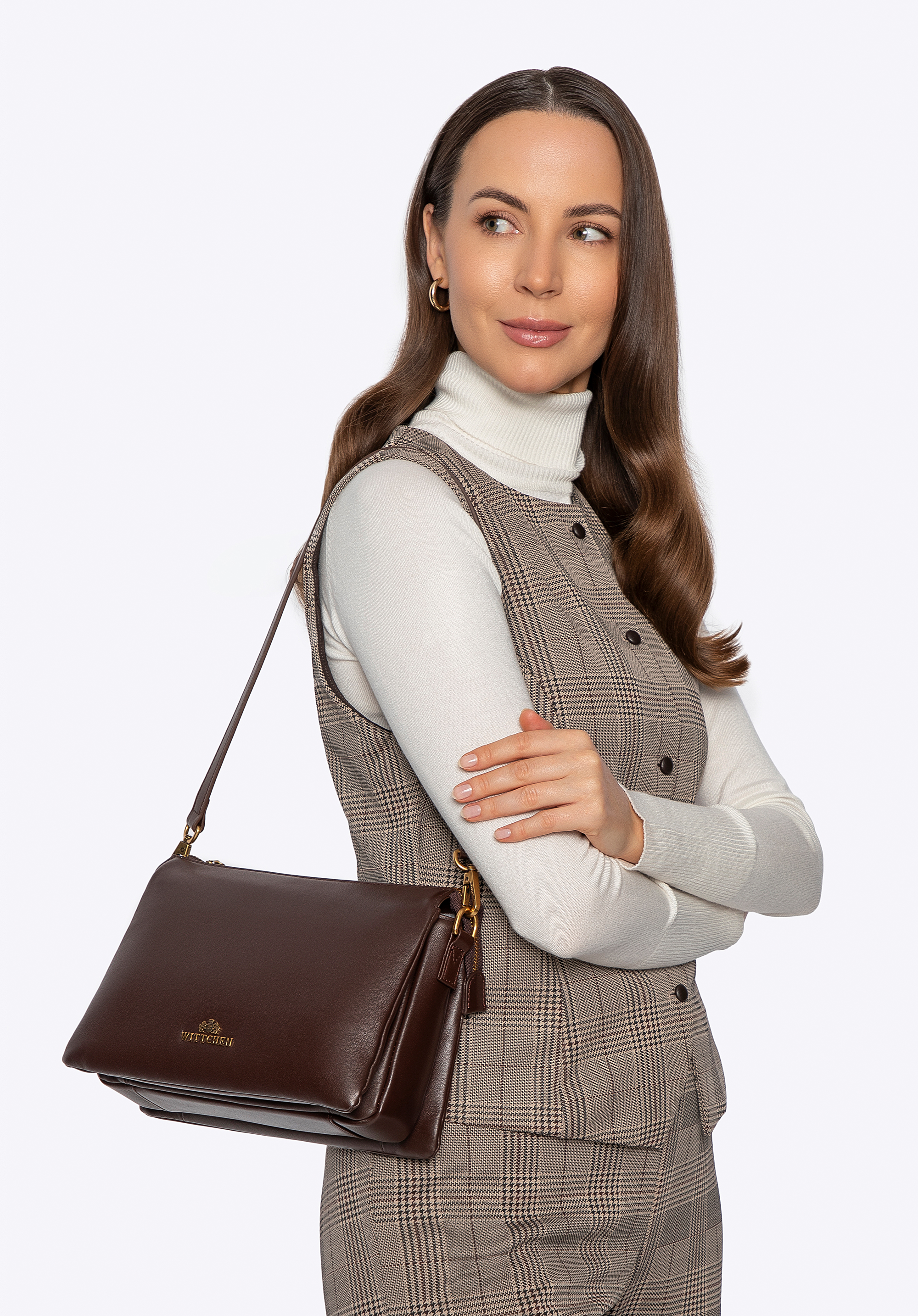 Umhängetasche aus glattem Leder mit drei Fächern, braun, 101-4E-604-4, Bild 1