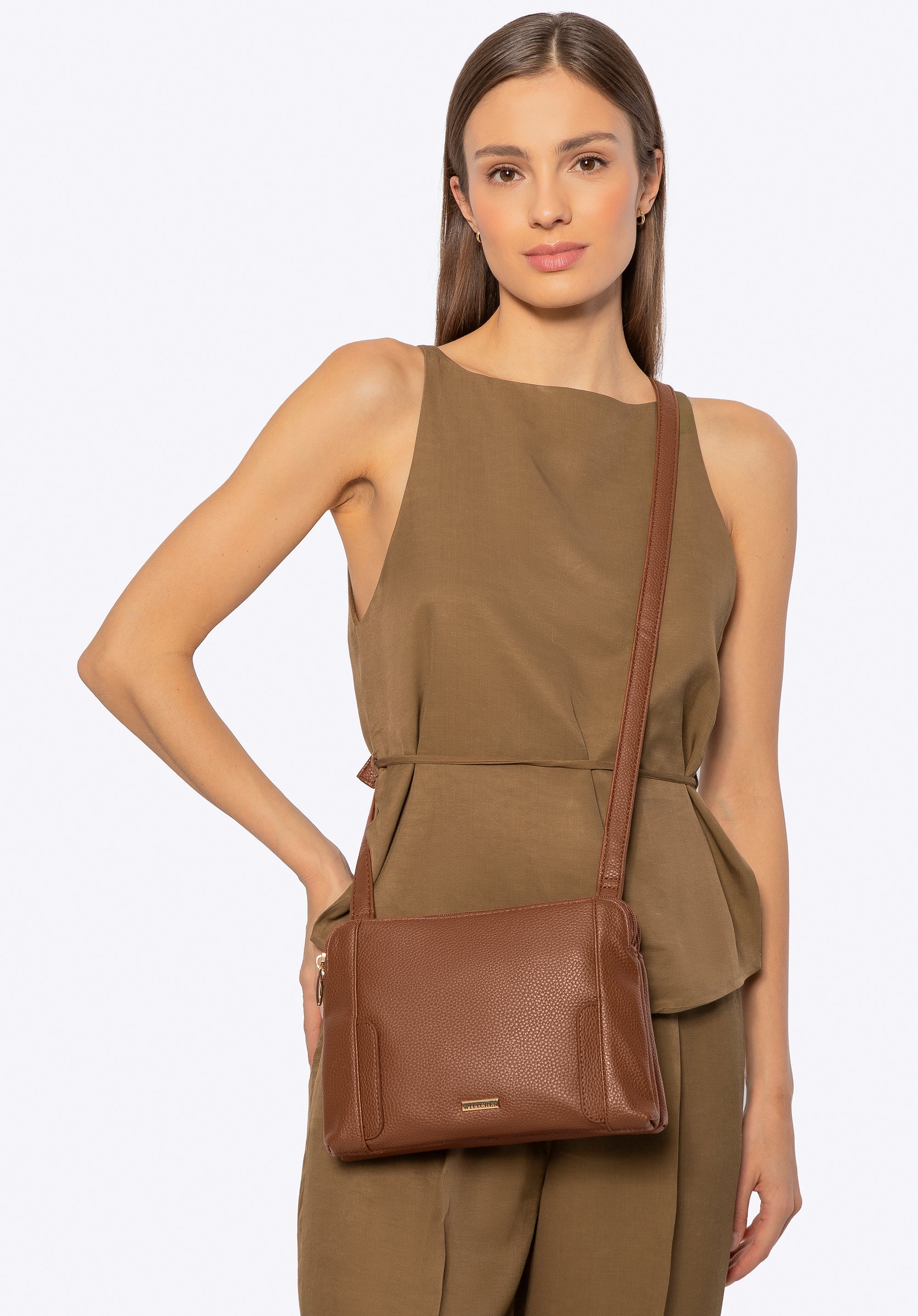 Umhängetasche mit zwei Fächern für Damen, braun, 100-4Y-009-5, Bild 1