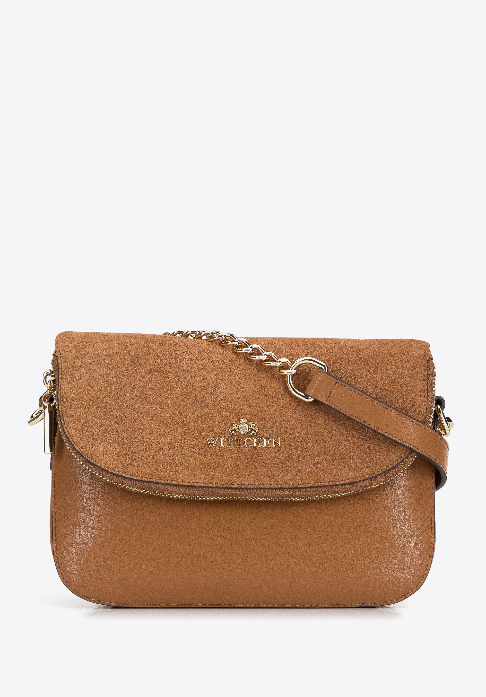 Zweiteilige Damenhandtasche aus Leder mit einer Tasche auf der Klappe, braun, 95-4E-649-4, Bild 1