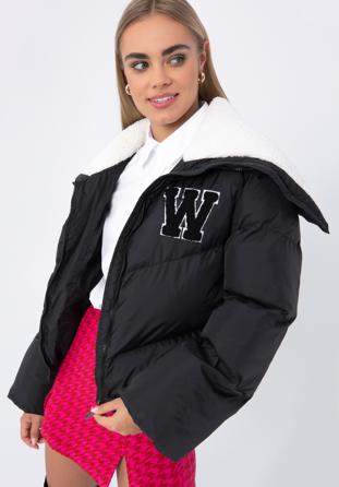 Dámská bunda lemovaným límcem a ekologickou kožešinou, černá, 97-9D-901-1-M, Obrázek 1