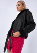 Dámská bunda podšitá ekologickou kožešinou s páskem, černá, 97-9P-106-4-XL, Obrázek 19