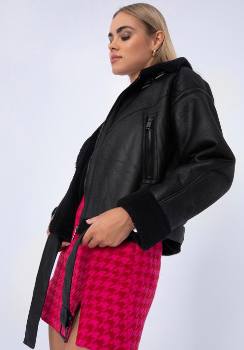 Dámská bunda podšitá ekologickou kožešinou s páskem, černá, 97-9P-106-5-L, Obrázek 19