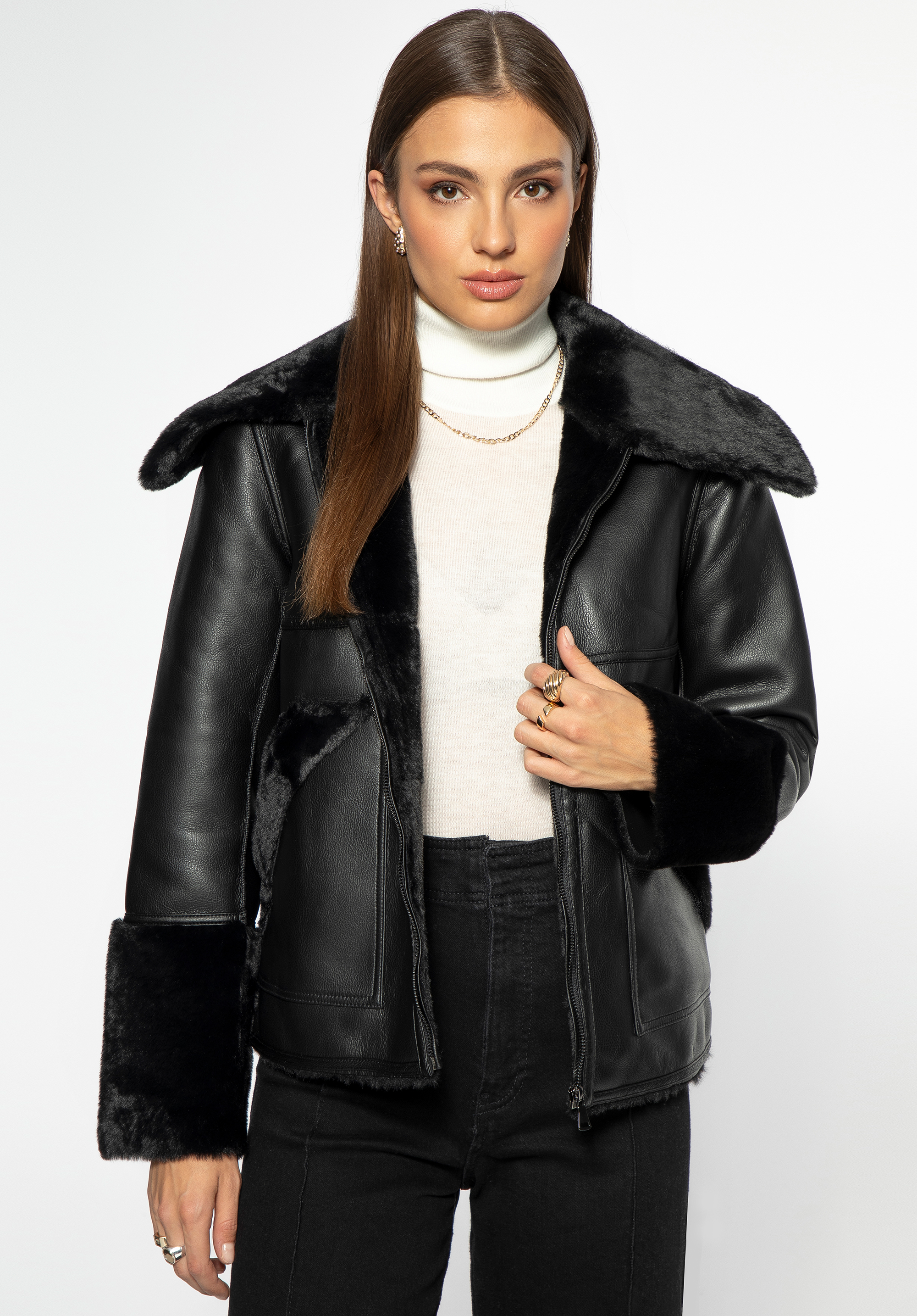 Dámská bunda z ekologické kůže podšitá ekologickou kožešinou, černá, 97-9W-001-1-XL, Obrázek 1