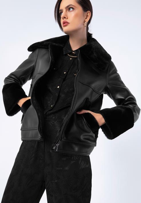 Dámská bunda z ekologické kůže podšitá ekologickou kožešinou, černá, 97-9W-001-1-XL, Obrázek 5