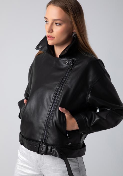 Dámská bunda z ekologické kůže s páskem, černá, 97-9P-104-P-XL, Obrázek 4