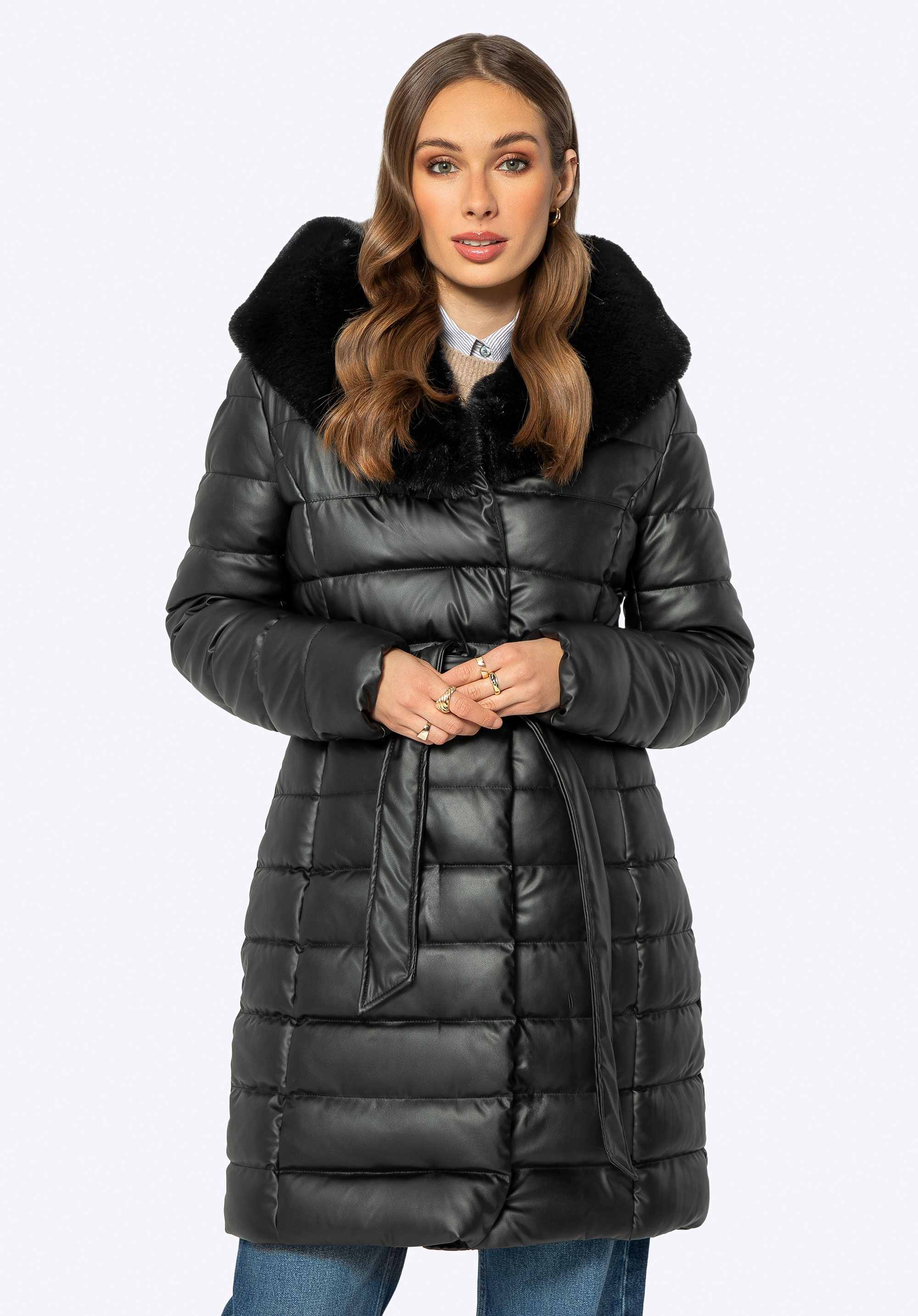 Dámská dlouhá prošívaná bunda z umělé kůže, černá, 99-9D-100-1-XL, Obrázek 1