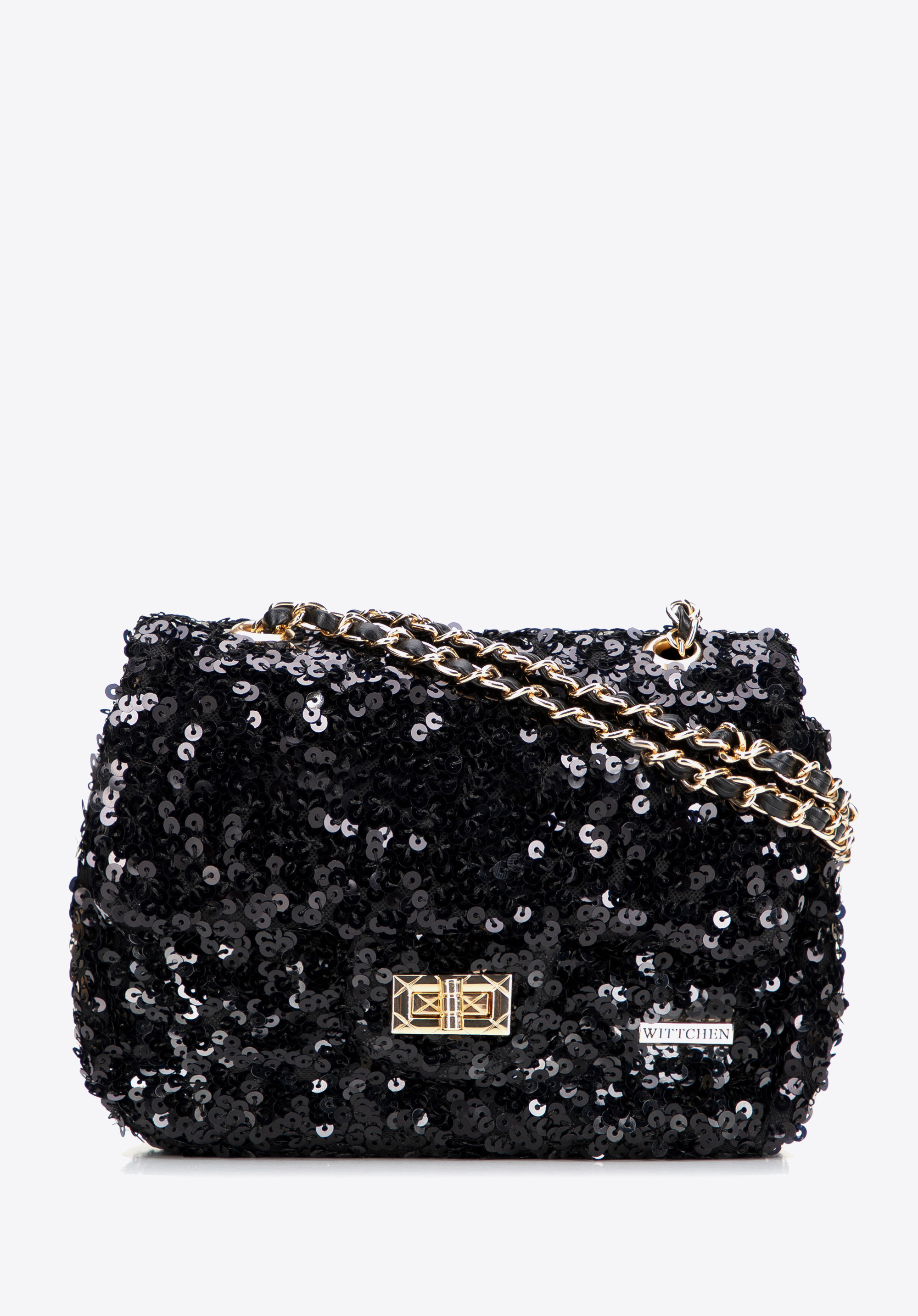 Dámská flitrovaná crossbody kabelka s řetízkovým popruhem, černá, 99-4Y-223-11, Obrázek 1