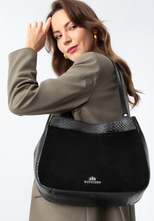 Dámská kabelka vyrobená ze dvou druhů kůže, černá, 97-4E-003-1, Obrázek 1