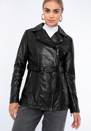 Dámská kožená bunda s páskem, černá, 97-09-803-1-S, Obrázek 1