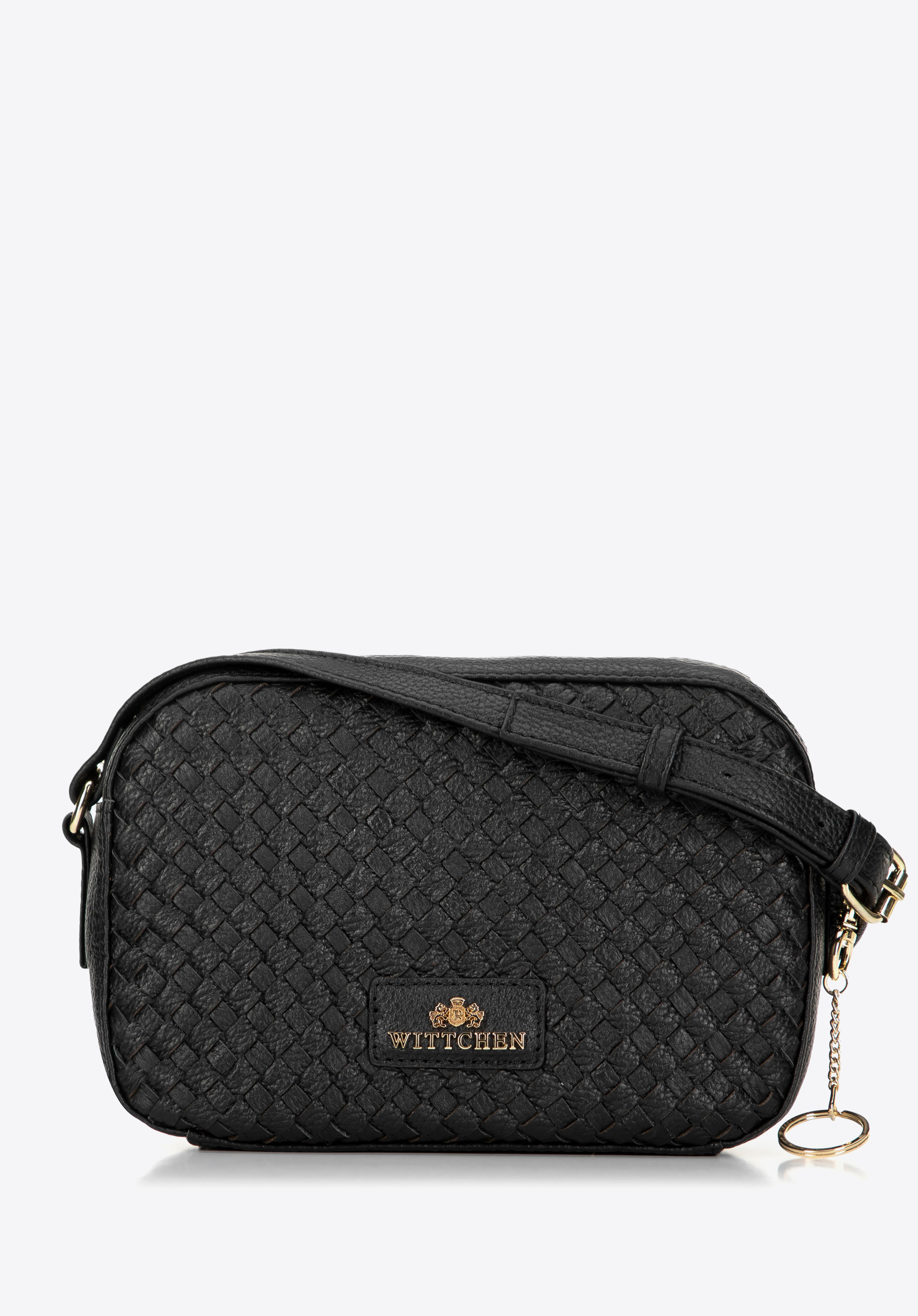 Dámská kožená crossbody kabelka s tkaným předním dílem, černá, 99-4E-028-1, Obrázek 1