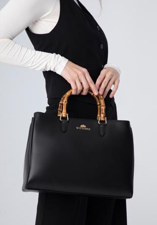 Dámská kožená kabelka s bambusovou rukojeti, černá, 98-4E-623-1, Obrázek 1