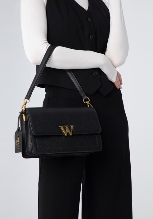 Dámská kožená kabelka s písmenem "W", černá, 98-4E-202-9, Obrázek 17