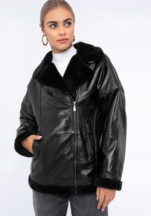 Kožená dámská bunda s ekologickou kožešinou, černá, 97-09-800-1-M, Obrázek 1
