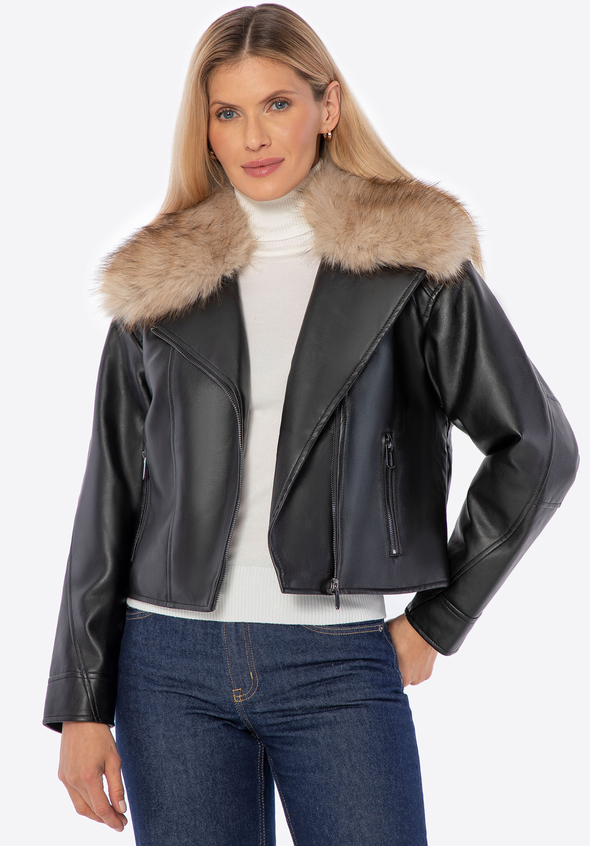 Dámská motorkářská bunda s límcem z umělé kožešiny, černá, 102-9P-300-1-2XL, Obrázek 1