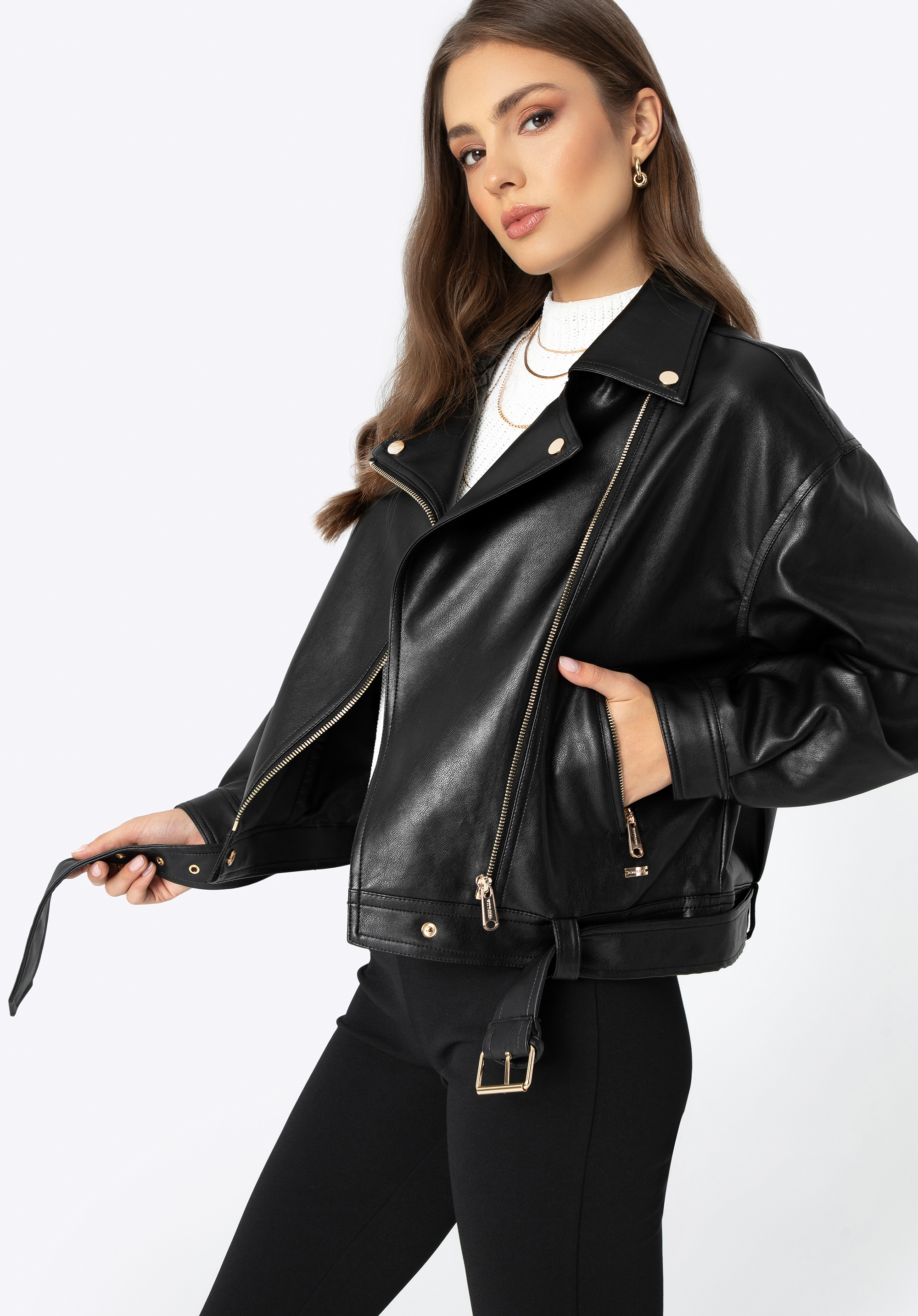 Dámská motorkářská bunda z umělé kůže, černá, 99-9P-106-1-XL, Obrázek 1