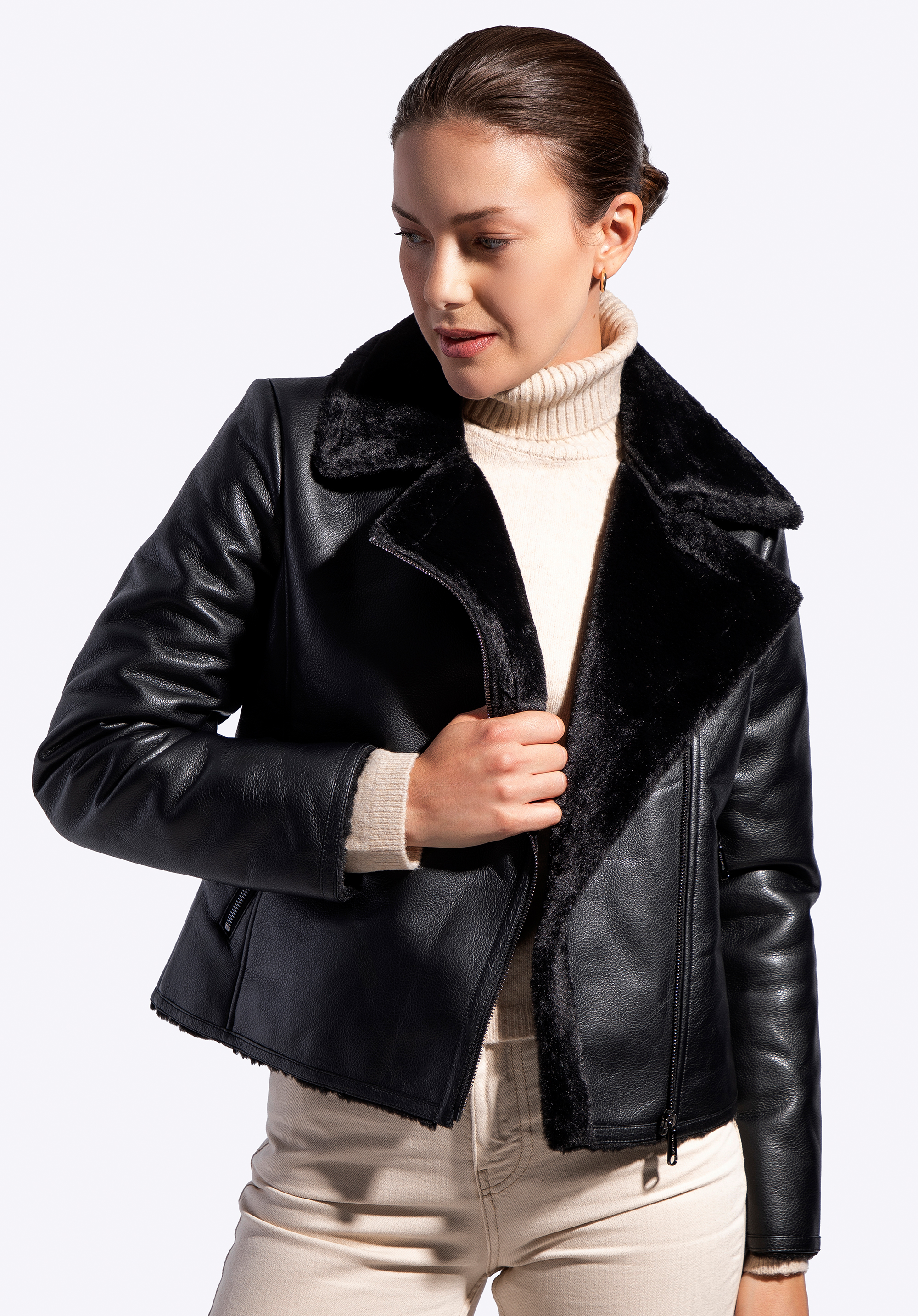 Dámská motorkářská bunda z umělé kůže s umělou kožešinou, černá, 101-9P-103-1-XL, Obrázek 1