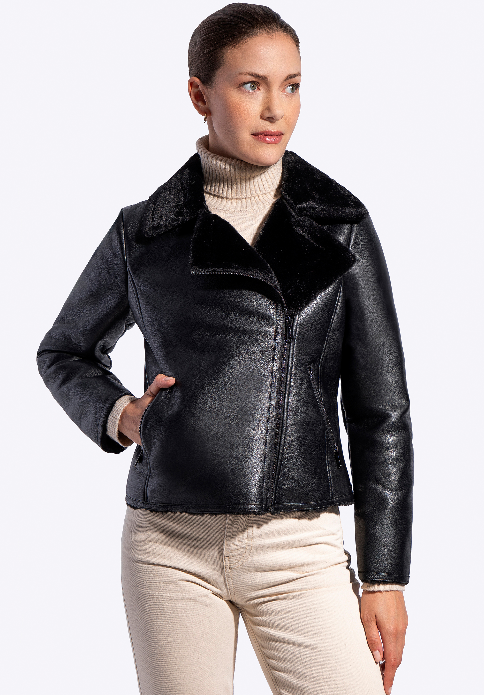 Dámská motorkářská bunda z umělé kůže s umělou kožešinou, černá, 101-9P-103-1-XL, Obrázek 1