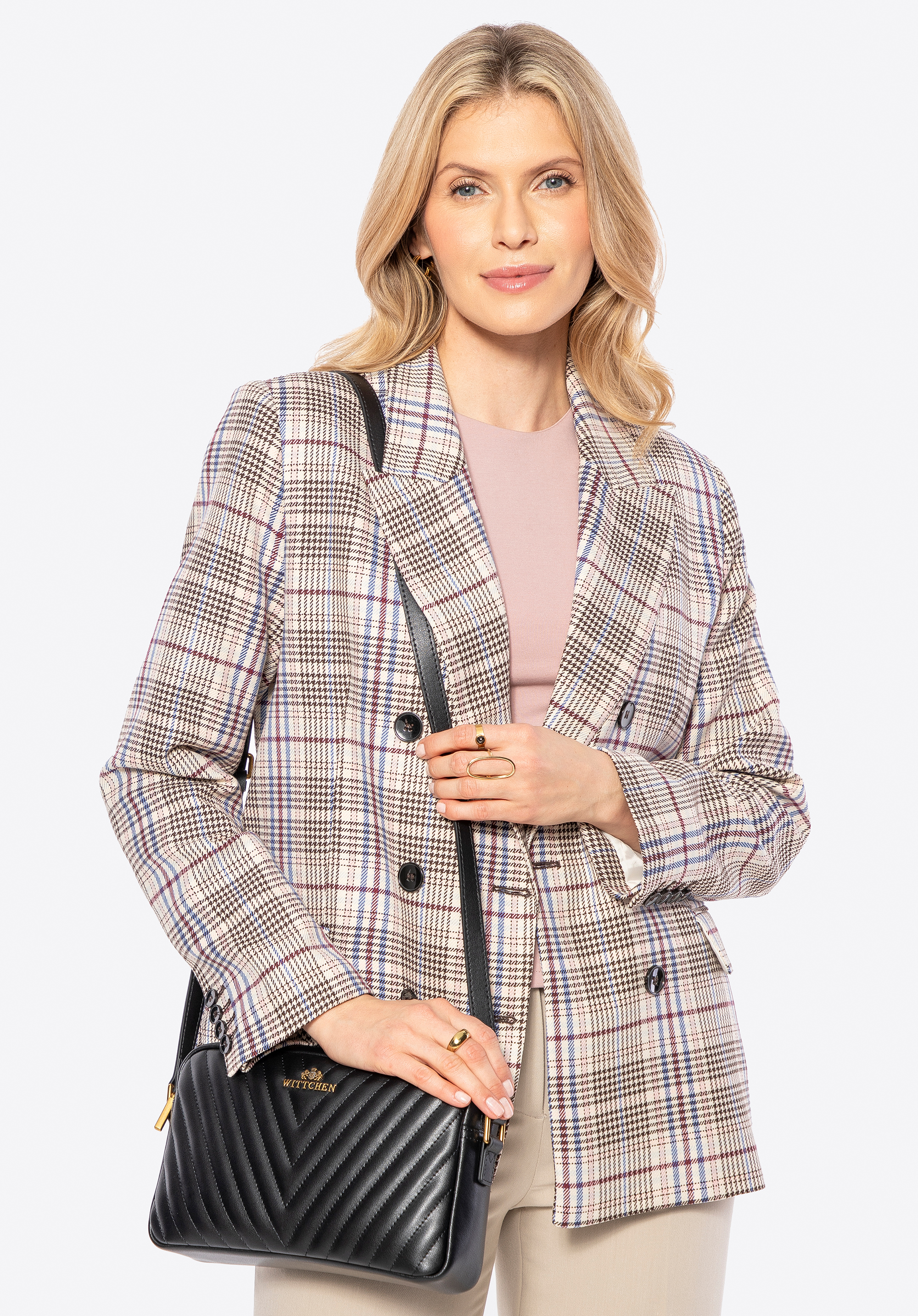 Dámská prošívaná kožená crossbody kabelka, černá, 100-4E-629-1, Obrázek 1