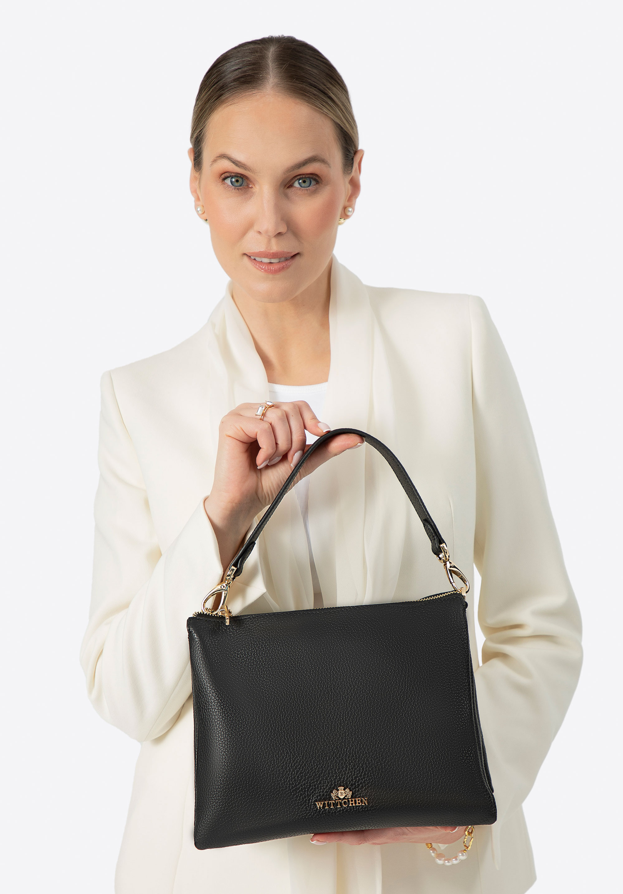 Dámská tříkomorová oblázková kožená crossbody kabelka, černá, 100-4E-809-1, Obrázek 1