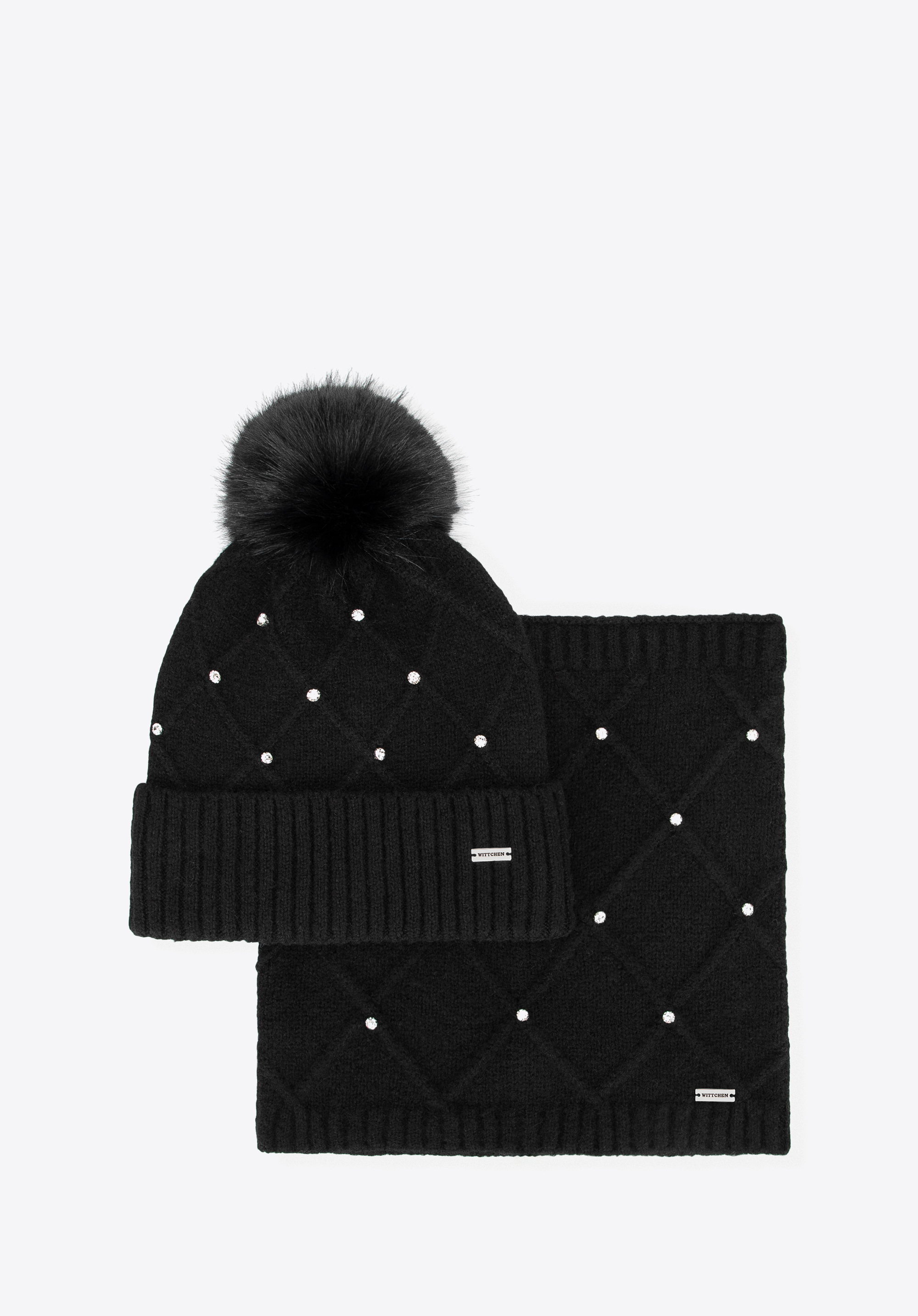 Dámská zimní sada – čepice a šátek s křišťálovými ozdobami, černá, 101-SF-206-1, Obrázek 1