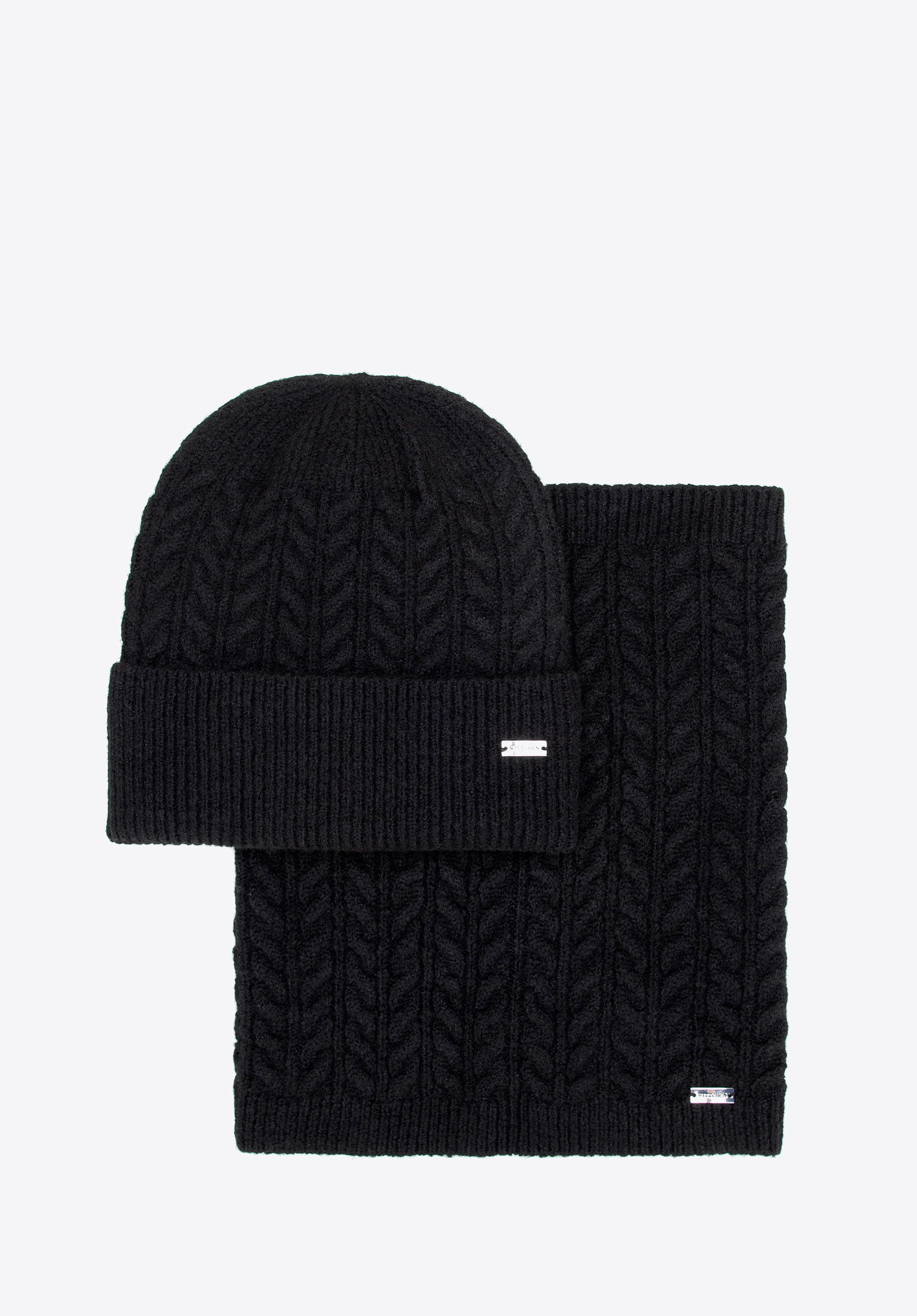 Dámská zimní souprava – čepice a nákrčník s copánkovým úpletem, černá, 101-SF-209-1, Obrázek 1