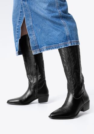 Dámské kožené kovbojské boty s výšivkou, černá, 97-D-851-1-40, Obrázek 1