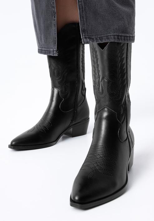 Dámské kožené kovbojské boty s výšivkou, černá, 97-D-853-1-37, Obrázek 15
