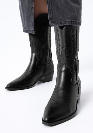 Dámské kožené kovbojské boty s výšivkou, černá, 97-D-853-1-37, Obrázek 1