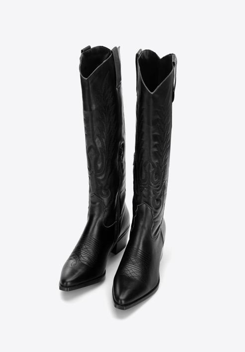 Dámské kožené kovbojské boty s výšivkou, černá, 97-D-851-1-39, Obrázek 2