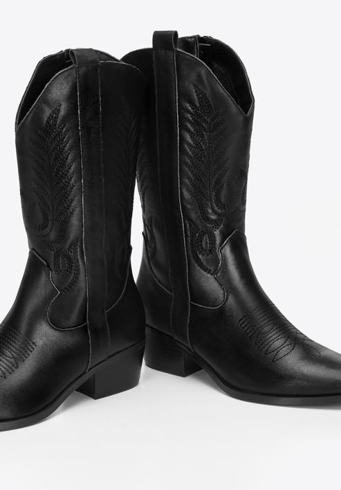 Dámské kožené kovbojské boty s výšivkou, černá, 97-D-853-1-36, Obrázek 6