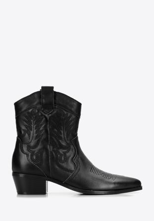Dámské krátké kožené kovbojské boty s výšivkou, černá, 97-D-855-1-37, Obrázek 1