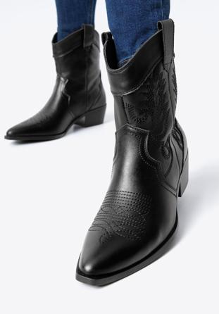 Dámské krátké kožené kovbojské boty s výšivkou, černá, 97-D-855-1-36, Obrázek 1
