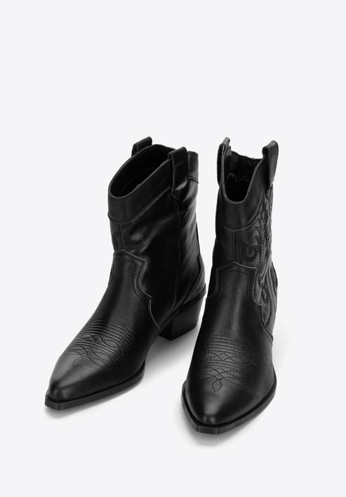 Dámské krátké kožené kovbojské boty s výšivkou, černá, 97-D-855-1-36, Obrázek 2