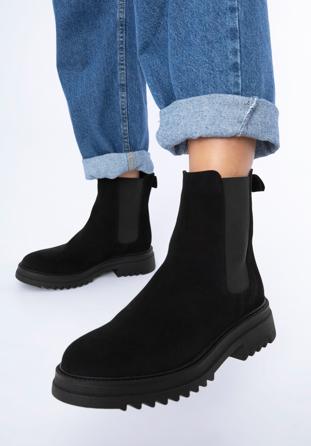 Dámské semišové kotníkové boty se silnou podrážkou, černá, 97-D-308-1-41, Obrázek 1