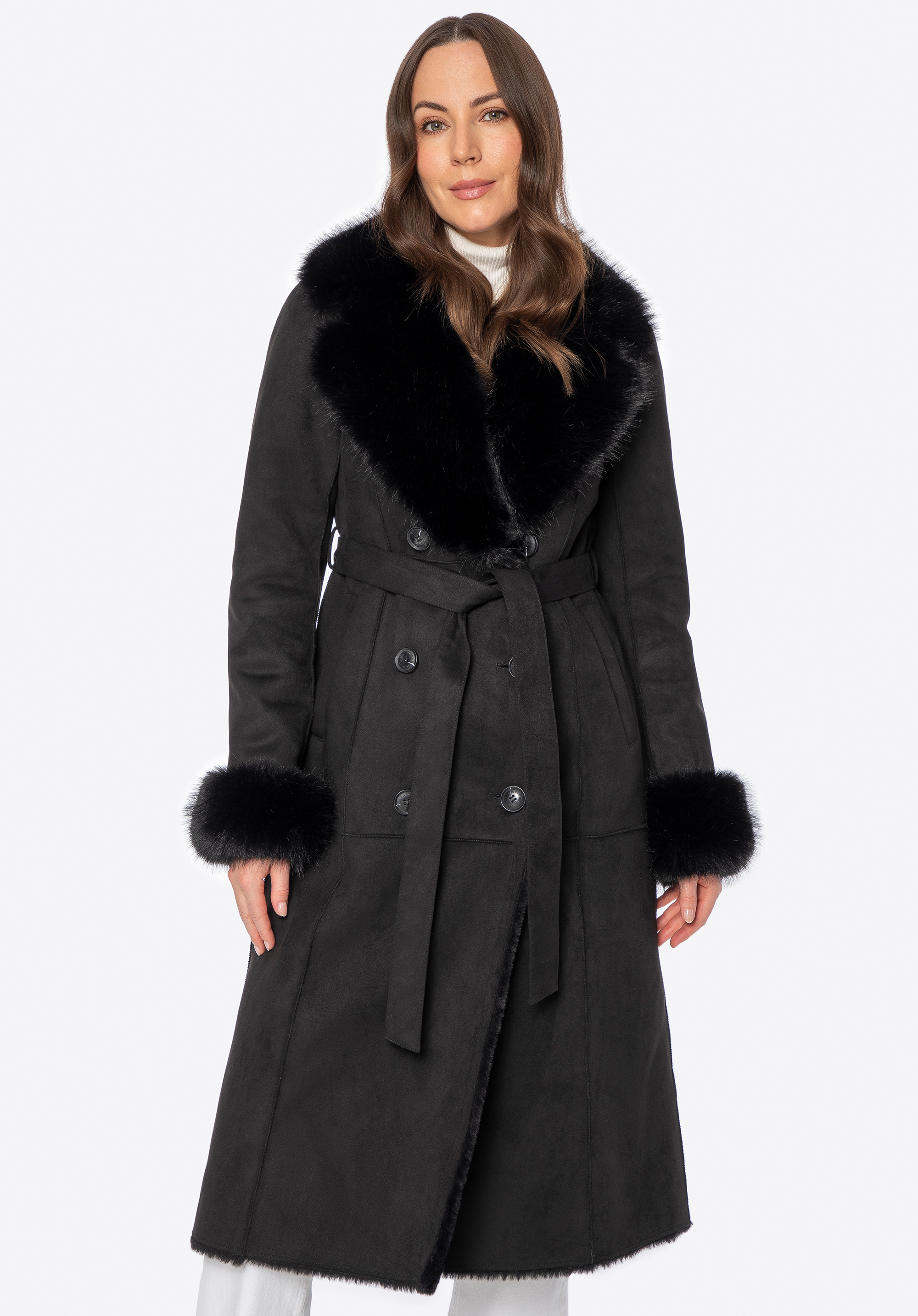 Dámský dvouřadý kabát s kožešinovým límcem, černá, 101-9W-001-1-M, Obrázek 1