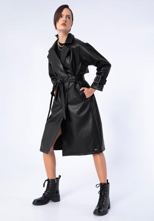 Dámský dvouřadý kabát z ekologické kůže s páskem, černá, 97-9P-100-1-M, Obrázek 1