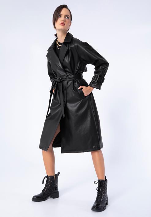 Dámský dvouřadý kabát z ekologické kůže s páskem, černá, 97-9P-100-5-2XL, Obrázek 1