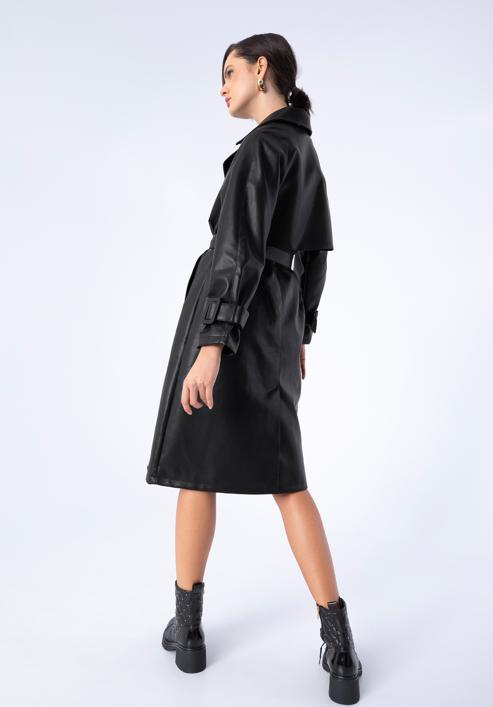 Dámský dvouřadý kabát z ekologické kůže s páskem, černá, 97-9P-100-1-M, Obrázek 18