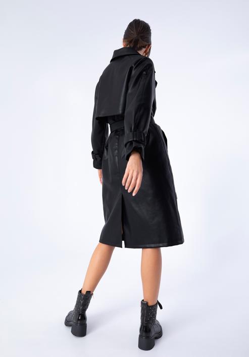 Dámský dvouřadý kabát z ekologické kůže s páskem, černá, 97-9P-100-Z-2XL, Obrázek 19