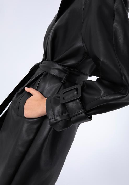 Dámský dvouřadý kabát z ekologické kůže s páskem, černá, 97-9P-100-1-M, Obrázek 21