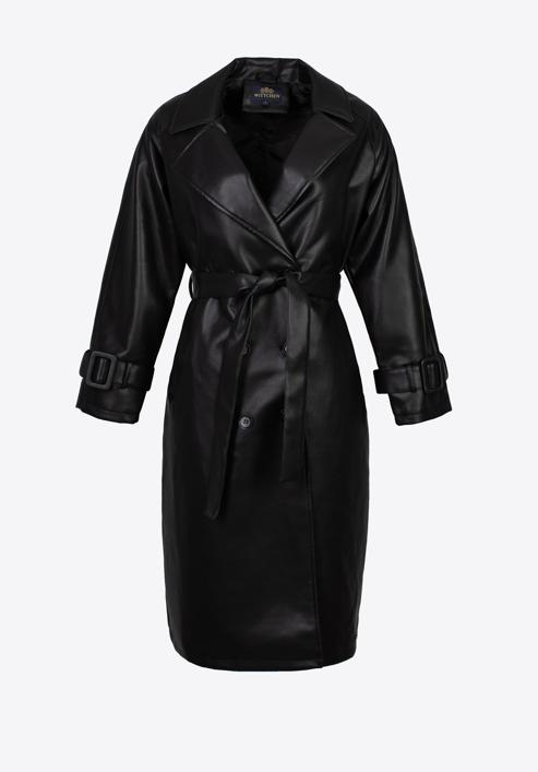 Dámský dvouřadý kabát z ekologické kůže s páskem, černá, 97-9P-100-Z-XL, Obrázek 30