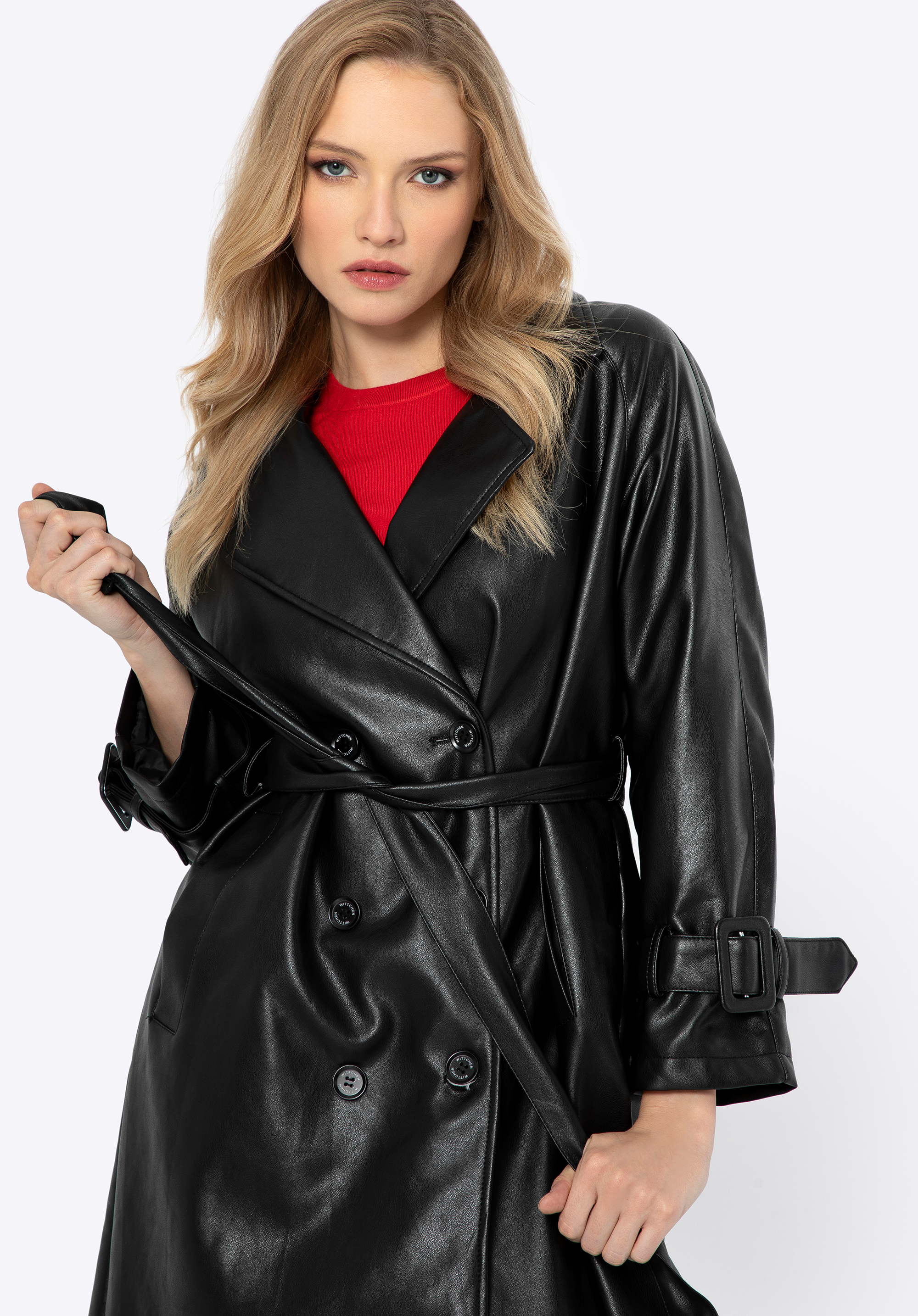 Dámský dvouřadý kabát z umělé kůže, černá, 99-9P-105-1-XL, Obrázek 1