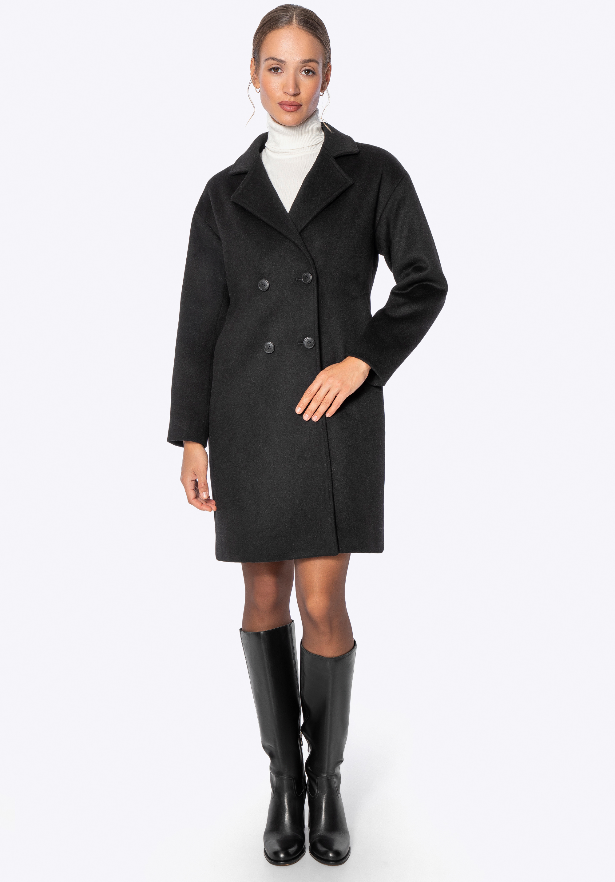 Dámský dvouřadý kabát ze směsi vlny, černá, 101-9W-504-1-L, Obrázek 1