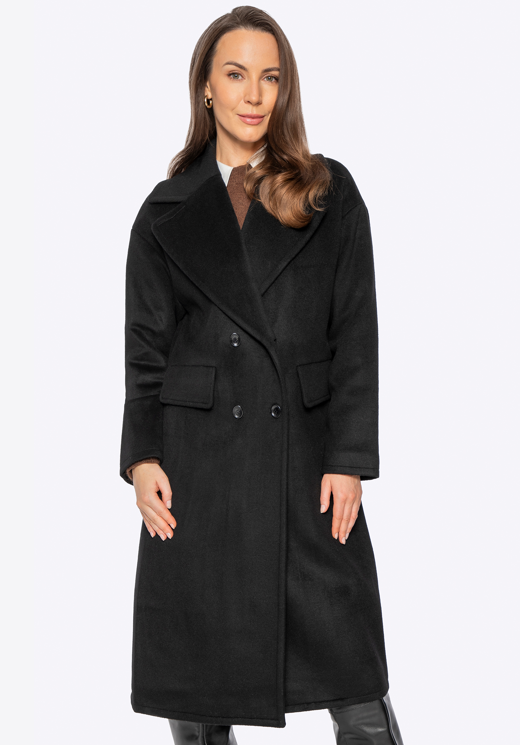 Dámský dvouřadý kabát ze směsi vlny a kašmíru, černá, 101-9W-702-1-L, Obrázek 1