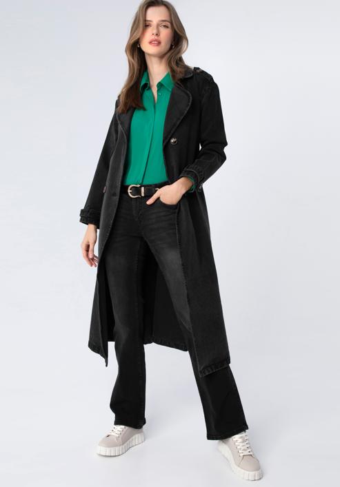 Dámský džínový kabát s páskem, černá, 98-9X-901-7-M, Obrázek 1