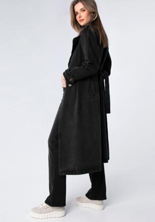 Dámský džínový kabát s páskem, černá, 98-9X-901-1-L, Obrázek 1