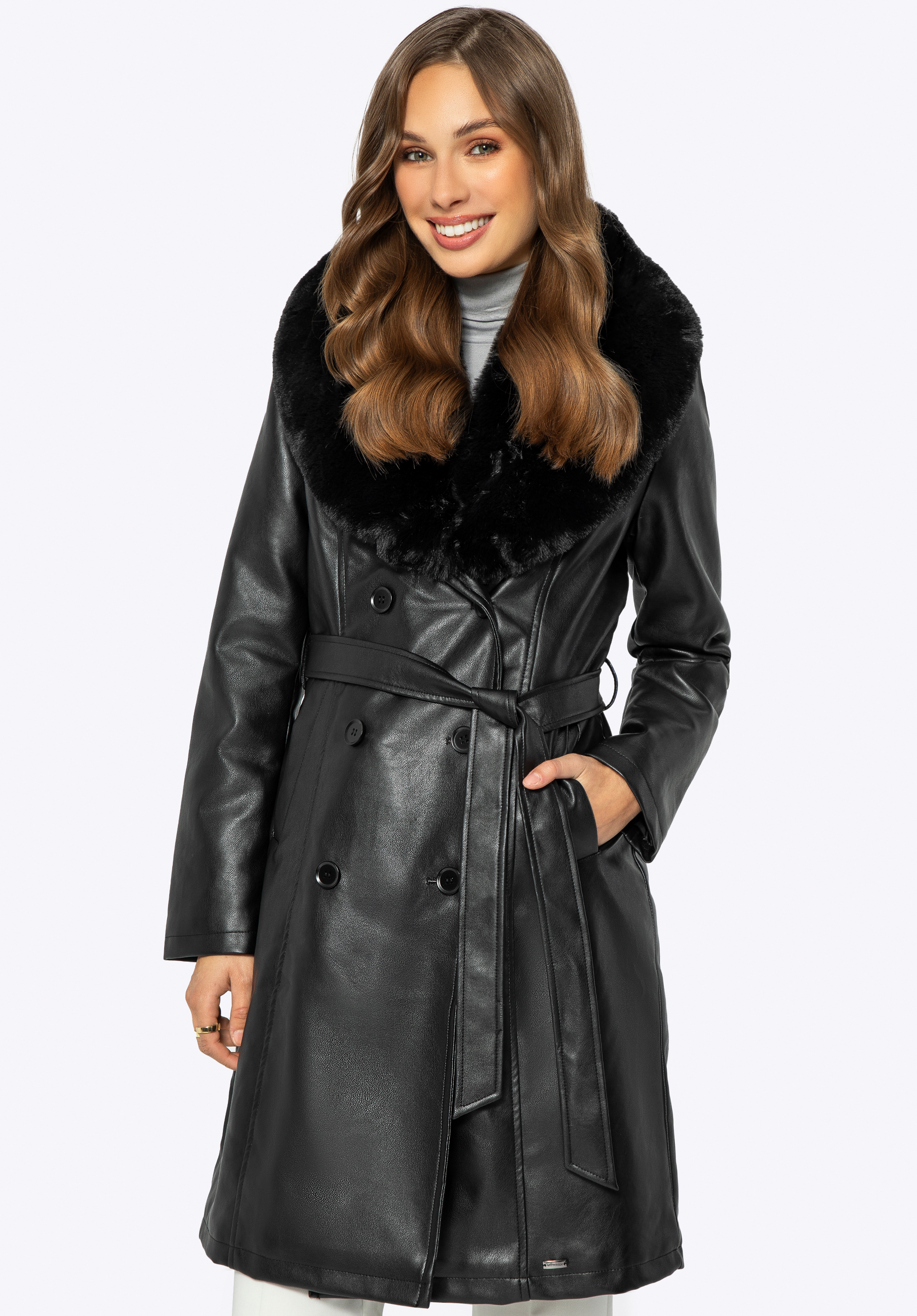 Dámský kabát z umělé kůže s umělou kožešinou, černá, 99-9P-112-1-2XL, Obrázek 1