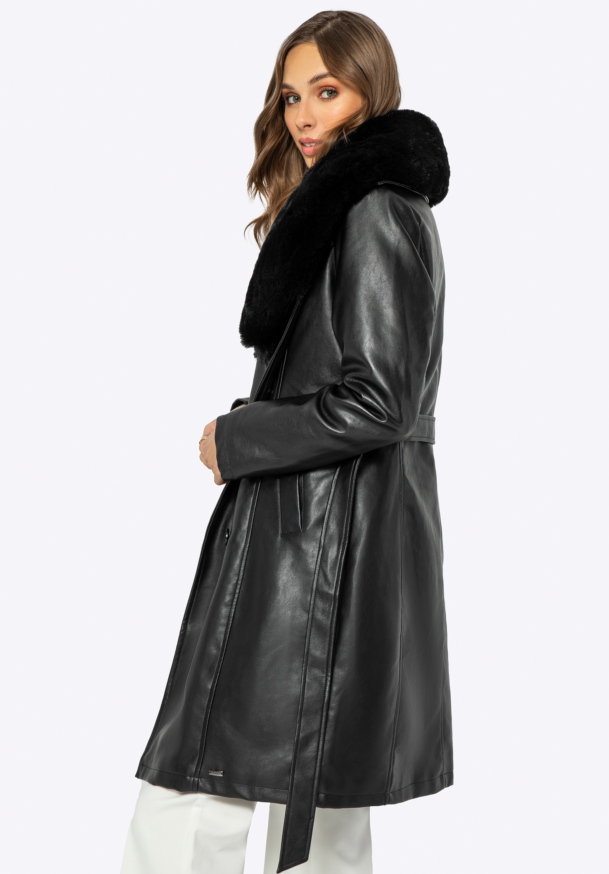Dámský kabát z umělé kůže s umělou kožešinou, černá, 99-9P-112-1-2XL, Obrázek 1