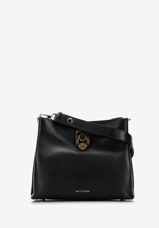 Dvoukomorová kožená kabelka s ozdobnou přezkou, černá, 98-4E-614-1, Obrázek 1