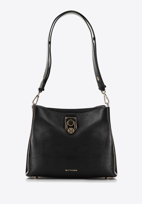 Dvoukomorová kožená kabelka s ozdobnou přezkou, černá, 98-4E-614-9, Obrázek 2